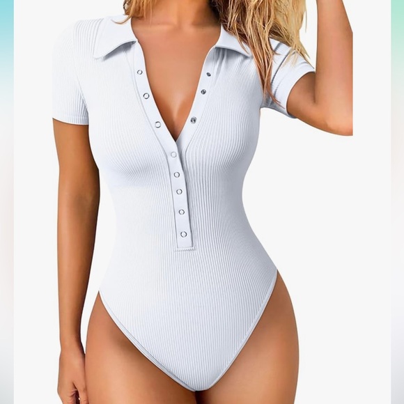 White Ribbed Button-Up Bodysuit - Picture 1 of 10
